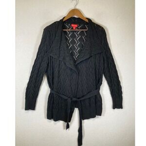 Classic ELLE Women L Black Pointelle Knit Wrap Cardigan Tie Waist Shawl Collar